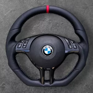 BMW E39 E46 SPORT X5 E53 FLAT BOTTOM CUSTOM BLACK LEATHER STEERING WHEEL - Foto 1 di 5