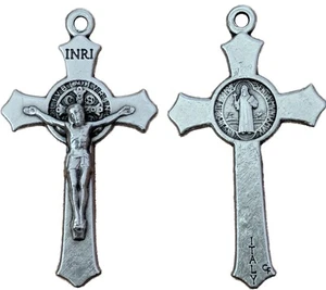LOT SET 5 St Saint Benedict Crucifix Cross Silver Tone Rosary Pendant 1.45 inc - Picture 1 of 5