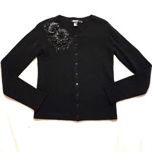 DKNY Black Wool Cardigan Sweater With Flower and Beaded Embellishment Sz S - Picture 1 of 5