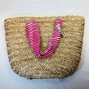 NEW New Directions Lined Tote Beach Bag Boho Bohemian Woven Rattan Pink White - Picture 1 of 7