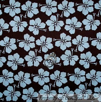 BonEful FABRIC Cotton Quilt Brown Blue Hawaiian Flower Hibiscus Island NEW SCRAP - Image 1 of 4