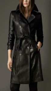 Abrigo gabardina negro genuino cuero real hasta la rodilla para mujer - Imagen 1 de 4