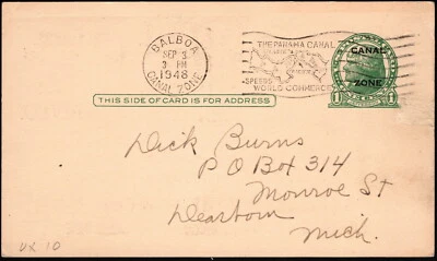 Canal Zone - 1935 Issue - #UX10 - 1 Cent Green Postal Card with Stamp Dealer Ad - Image 1 of 2