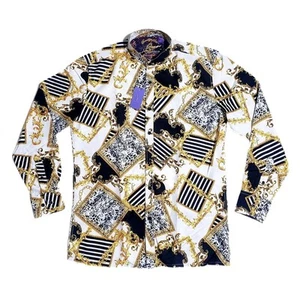 Steven Land Mens Gold Baroque Print Band Collar Button Up Dress Shirt Medium NWT - Picture 1 of 7