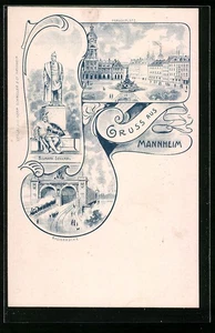 Lithographie Mannheim, Paradeplatz mit Brunnen, Bismarck-Denkmal, Rheinbrücke - Picture 1 of 2