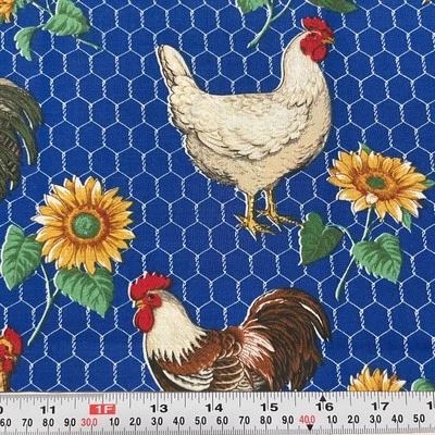 Vintage Sharon Kessler Chickens & Chicken Wire on Blue Cotton Remnant 8" x 45" - Image 1 of 2