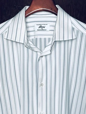 BRIONI WHITE SLATE BLUE STRIPE DRESS SHIRT FRENCH CUFFS 16.5 / L MADE IN ITALY - Image 1 of 4