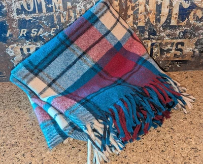Vtg Blanket Throw rustic cabin wool Blue Tan Burgundy Plaid w/ Fringe 57" x 50" - Image 1 of 4