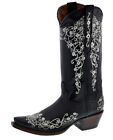 Womens Western Cowboy Boots Black Leather Floral Embroidery Snip Toe