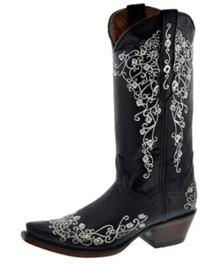Womens Western Cowboy Boots Black Leather Floral Embroidery Snip Toe - Picture 1 of 6