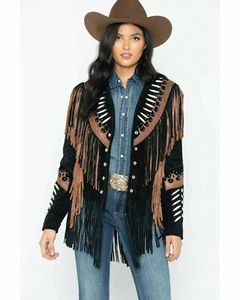 Chaqueta de cuero de gamuza negra estilo occidental americano para mujer con flecos con huesos - Imagen 1 de 6
