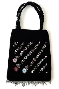 Embroidered Velvet Tote Bag Small Handbag Date Night Out Boho Beaded Fringe - Picture 1 of 13