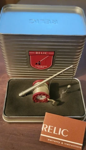 Relic Fishing Rod Desk Clock In Tin Case Cover