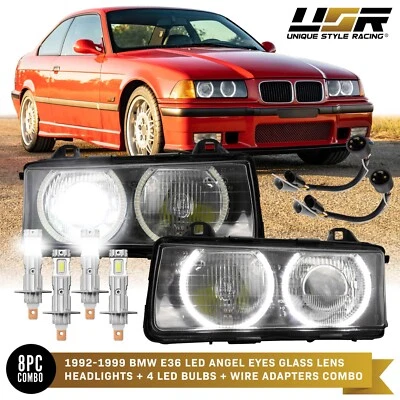 LED Angel Halo + x4 H1 LED+ ZKW-Style Euro GLASS Projector Headlight For BMW E36 Foto 1 de 4