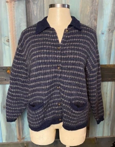 Eddie Bauer Blue Gray Striped Wool Cardigan Sweater XXL 2X 18 20 - Picture 1 of 5