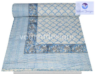 Colcha rainha Art Kantha feita à mão bloco cobertor reversível algodão boêmio lance - Imagem 1 de 4