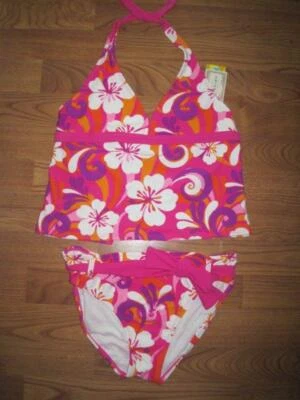 NIÑAS ARIZONA TRAJE DE BAÑO 2 PIEZAS~TANKINI~TALLA 16~ROSA/PÚRPURA/NARANJA PATRÓN HAWAIANO~NUEVO Foto 1 de 4