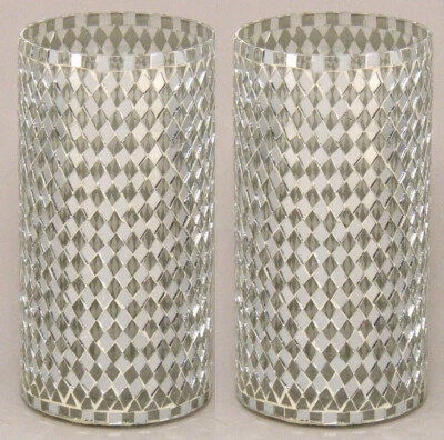 Jarrón Mosaico Cilindro Vidrio Plata y Claro Diamante Forma Chips 4"D 8" Alto Juego/2 Foto 1 de 4