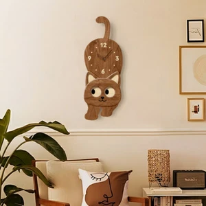 10 Inches Cute Cat Wall Clock Moving Eyes Analog Wooden Clock for Room Decor - Picture 1 of 9