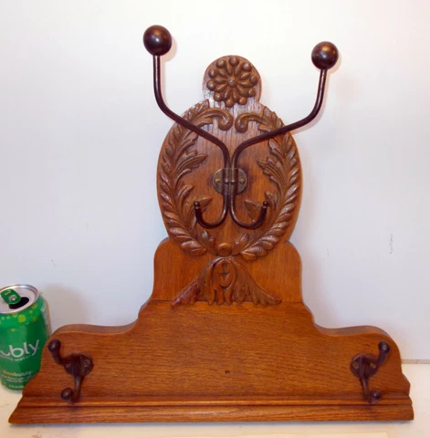Antique Carved OAK  Hanging Wall RACK HATS Coats Towels Iron Hooks Cover