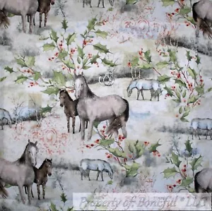 BonEful Fabric FQ Cotton Quilt White Snow Scenic Farm Horse Red Holly Berry Leaf - Picture 1 of 12