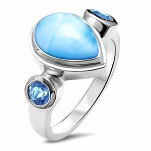 Anillo Marahlago Larimar Genuino Plata de Ley 925 Atlántico Pera Topacio Azul Talla 7 - Imagen 1 de 2