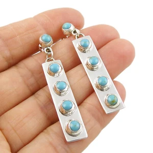 925 Sterling Silver Rectangle Earrings Bezel Set Turquoise Beads Dangling Drops - Picture 1 of 5