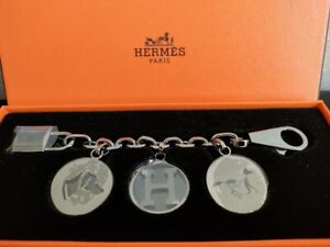 Hermes Gunmetal Berloque Amulette 4 Charms Cadena Logo Horse Dog Key Chain w/Box