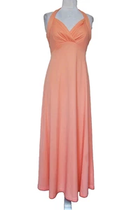 Vintage 70s Maxi Dress S/M Women Halter Open Back Peach Poly Knit Full Sweep - Picture 1 of 5