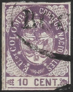 COLOMBIA. 1865. 10c Violet. Transfer Type I. SG: 34. 4 Margins. Fine Used - Picture 1 of 2
