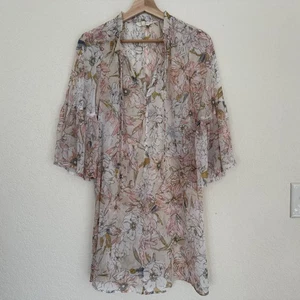 Lucky Brand Sheer Tunic Swim Cover Up Womens XS Ruffle Sleeve Tassel Split Neck - Picture 1 of 12