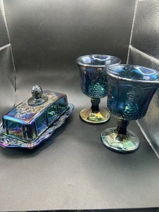 Vintage Karneval Glas Butterdose und Tassen - blaue Glas Trauben Regenbogen antik - Bild 1 von 8