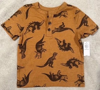 NEW Old Navy Orange Dinosaurs Dino Short Sleeve Tshirt 2t Boys 1/4 Button NWT - Image 1 of 4
