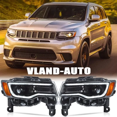 Black Headlights Lamps LED DRL For 2017-2021 Jeep Grand Cherokee HID/Xenon LH+RH - Image 1 of 4