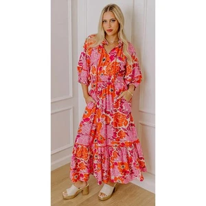 Entro Floral Tiered Maxi Dress 3/4 Sleeve Womens Large Pink Orange New Pockets - Picture 1 of 16