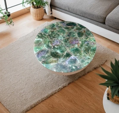 Fluorite Agate Gemstone Table – Handmade Coffee, Side & End Table – Luxury Stone - Image 1 of 4