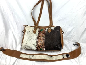 Bolso de Hombro Myra Genuino Pelo Sobre Piel Cuero de Vaca Lona Estilo Occidental - Imagen 1 de 18
