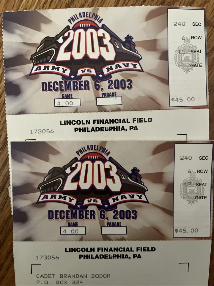 Two 2003 Army vs Navy Game Tickets Lincoln Financial Field Dec 6,2003 - Image 1 of 1