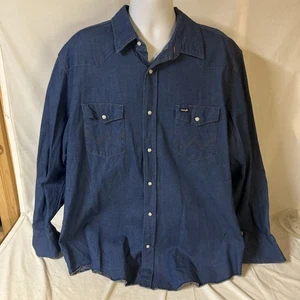 Wrangler Mens Shirt Denim Pearl Snap Western Cowboy Blue 2XT XX Tall Free Ship! - Picture 1 of 8