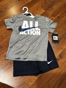 Nike Boy`s Dri-Fit T-Shirt & Shorts 2 Piece Set NWT Boys Size 6 Grey Blue - Picture 1 of 2