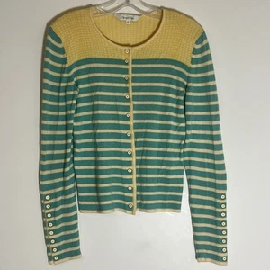 Oscar de la Renta Suéter Mujer Pequeño Azul Rayas Cárdigan Cachemira Seda Italia - Imagen 1 de 11