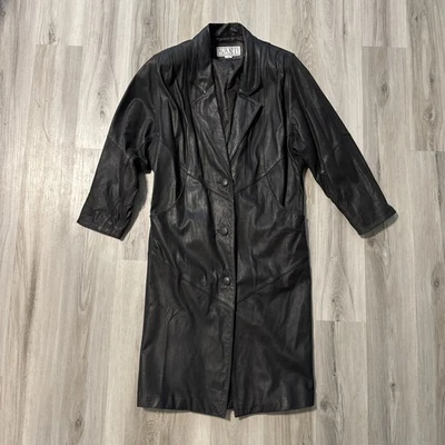 Vtg Avanti Leather Long Black Trench Coat Women’s Petite Small 46” - Image 1 of 4
