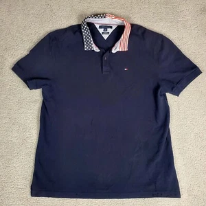 Tommy Hilfiger Polo Shirt Men XL Navy Blue American Flag USA Short Sleeve Logo - Picture 1 of 9