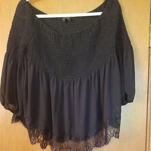 Jeans By Buffalo Black Off The Shoulder Top Bell Sleeve Elastic Bodice, Lace, M - Picture 1 of 9