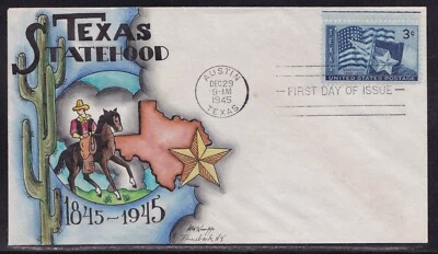 SCOTT 938 TEXAS STATEHOOD DOROTHY KNAPP HAND PAINTED FIRST DAY COVER "OFFERS" - Image 1 of 2