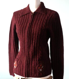 Woolrich Zip Up Small Black Cherry Wool Cardigan Floral Embroider Elbow - Picture 1 of 16