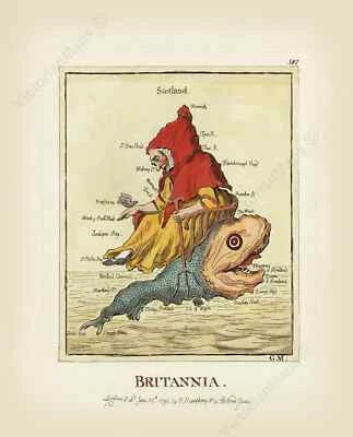 Britannia Gran Bretaña mapa satírico humorístico Inglaterra Gales J. Gillray 1791 impresión artística Foto 1 de 4
