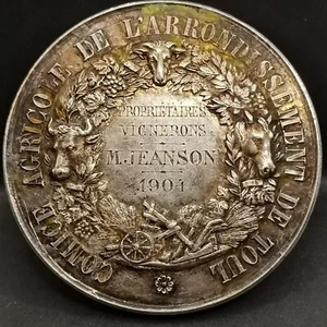 MEDAILLE ARGENT 1904 VIGNERONS COMICE AGRICOLE DE TOUL 50mm 58.6g / SILVER - Picture 1 of 4