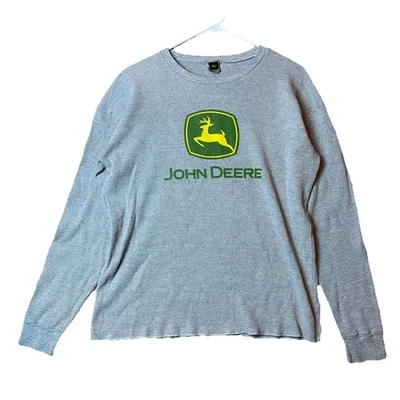 John Deere Thermal Waffle Knit Long Sleeve Shirt XL Gray Green Yellow Made USA - Image 1 of 4