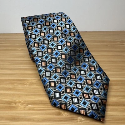 NWT MENS XMI PLATINUM TIE 100% SILK Gold Blue Squares GEOMETRIC PRINT 59 X 3” - Image 1 of 4